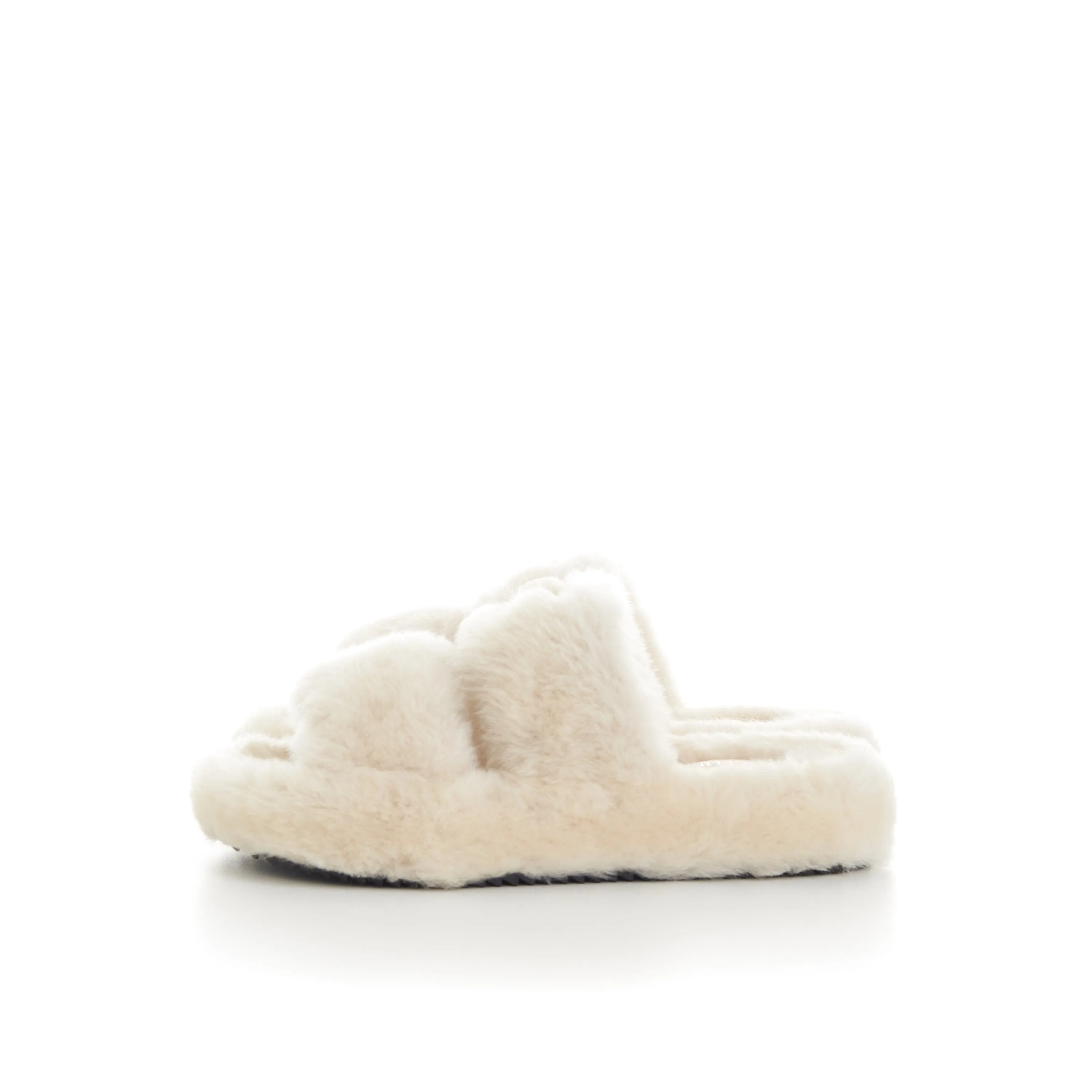 Triomphe Open Shearling Fur Slide Sandals - Signature Leather Patch