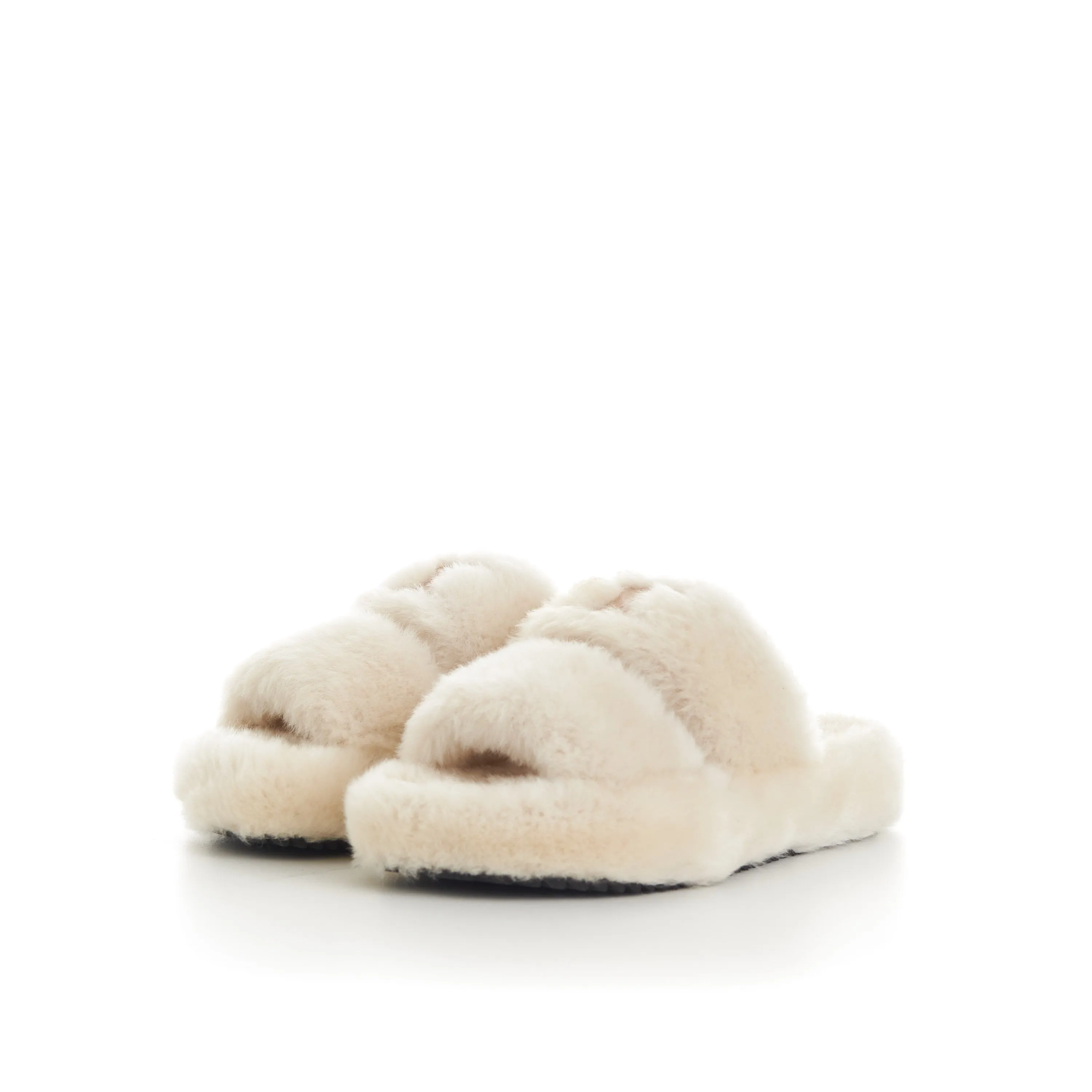 Triomphe Open Shearling Fur Slide Sandals - Signature Leather Patch