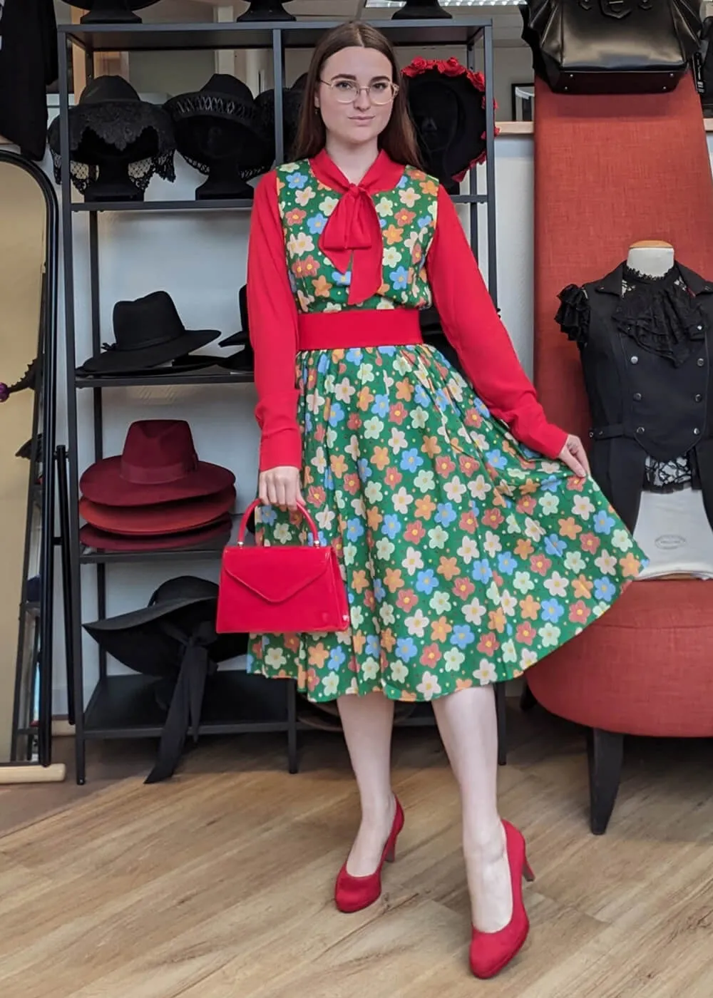 Tulip B Painted Flowers 60's Swing Dress Green