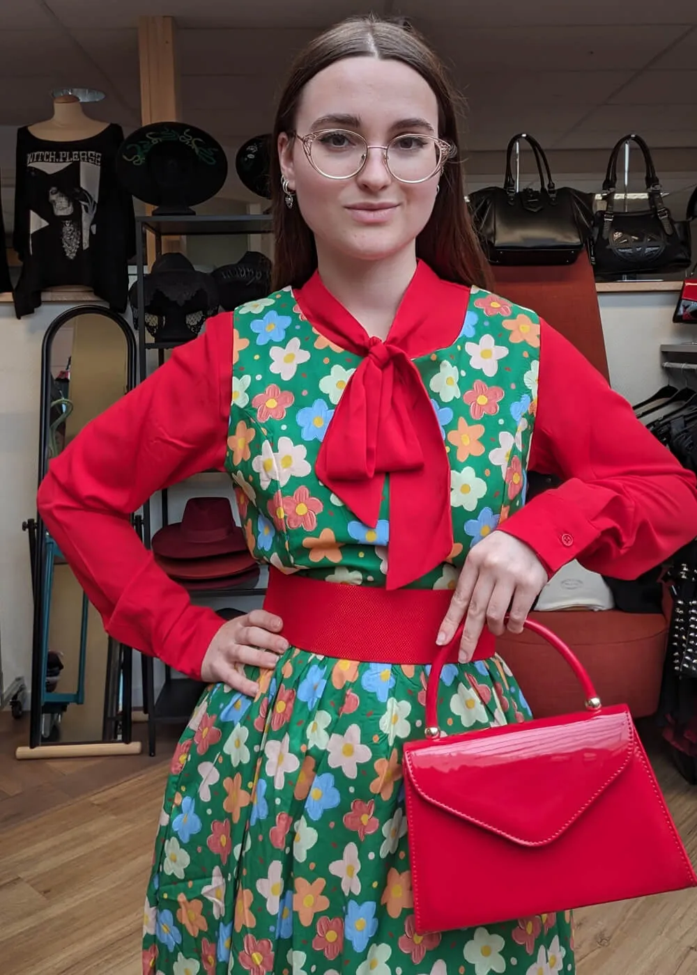 Tulip B Painted Flowers 60's Swing Dress Green
