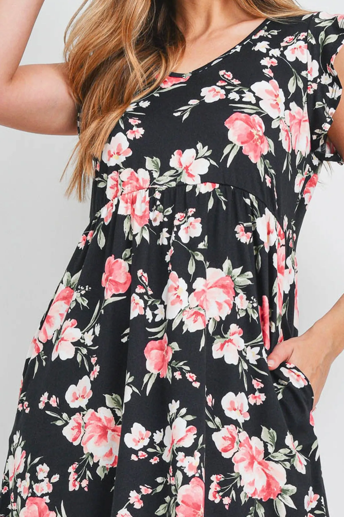 V-Neck Ruffle Cap Sleeve Floral Round Hem Dress