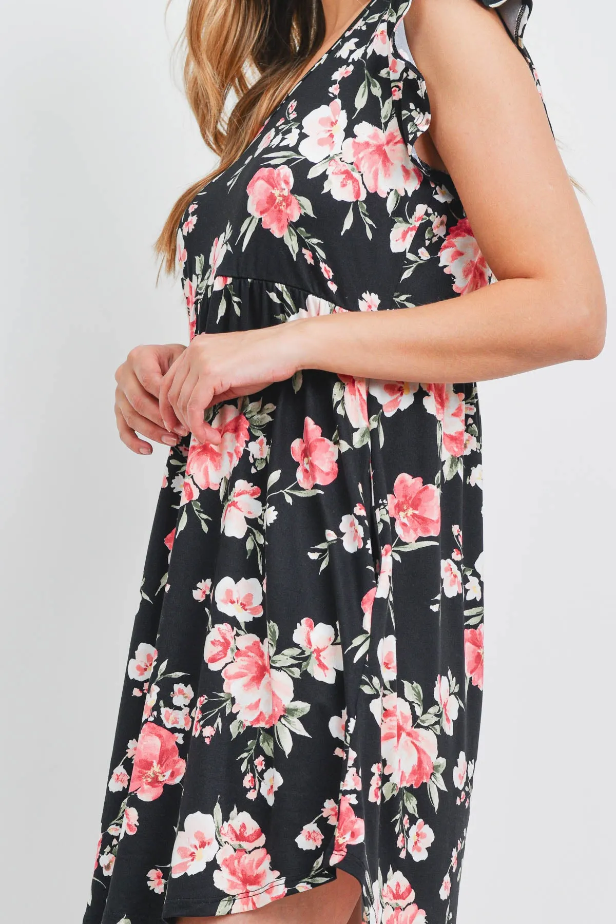 V-Neck Ruffle Cap Sleeve Floral Round Hem Dress