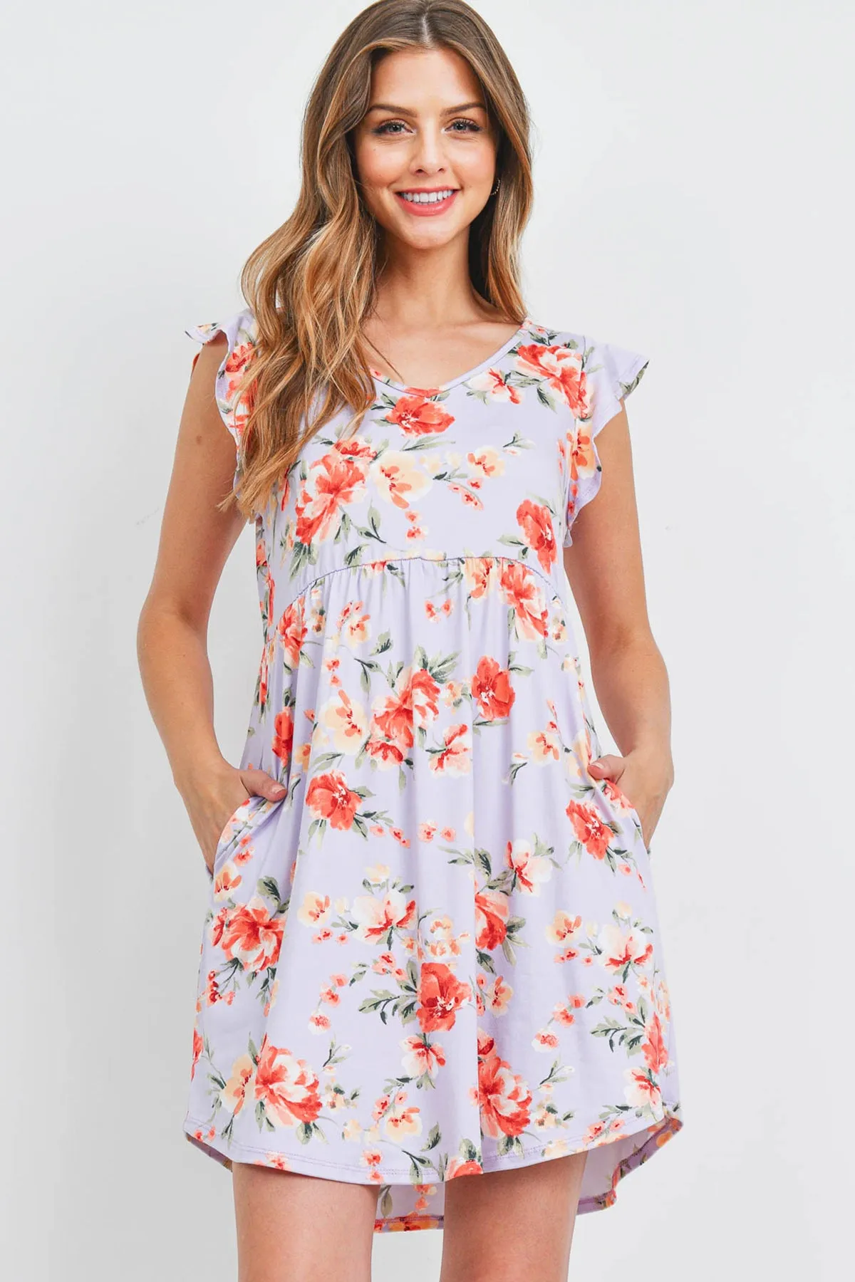 V-Neck Ruffle Cap Sleeve Floral Round Hem Dress