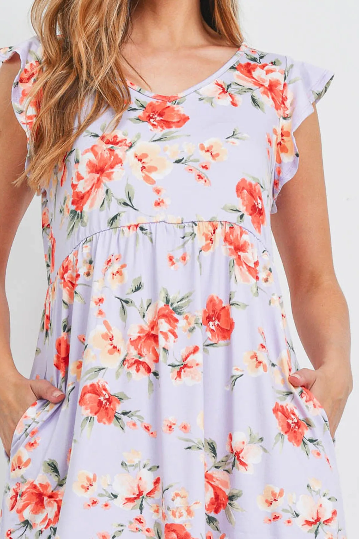 V-Neck Ruffle Cap Sleeve Floral Round Hem Dress