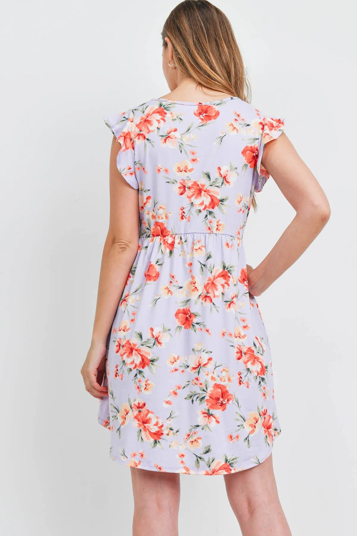 V-Neck Ruffle Cap Sleeve Floral Round Hem Dress