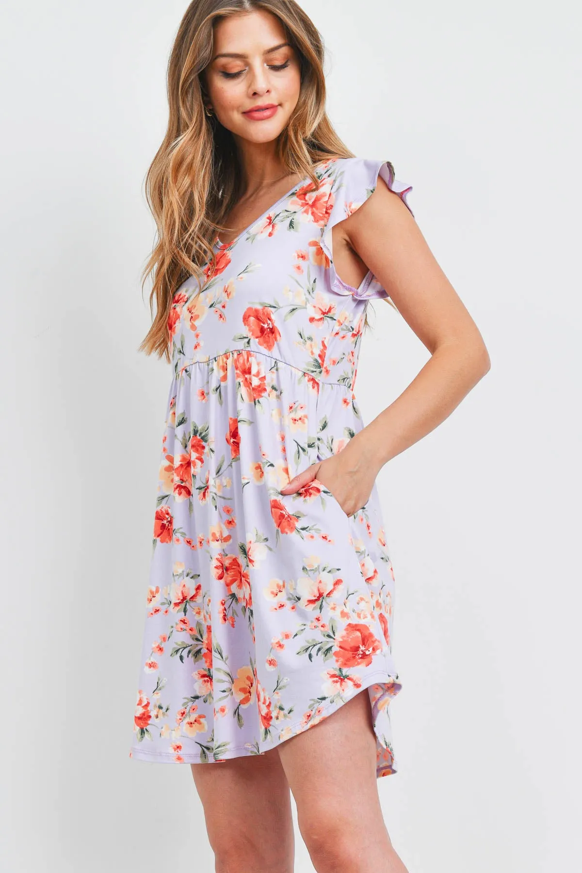 V-Neck Ruffle Cap Sleeve Floral Round Hem Dress