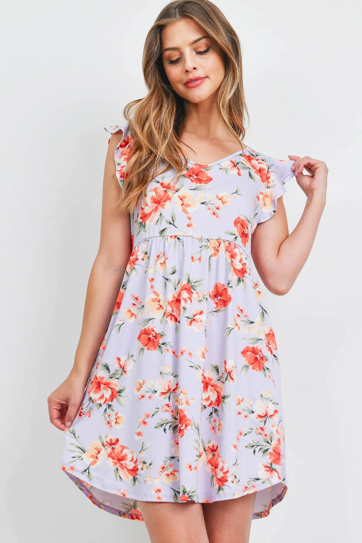 V-Neck Ruffle Cap Sleeve Floral Round Hem Dress