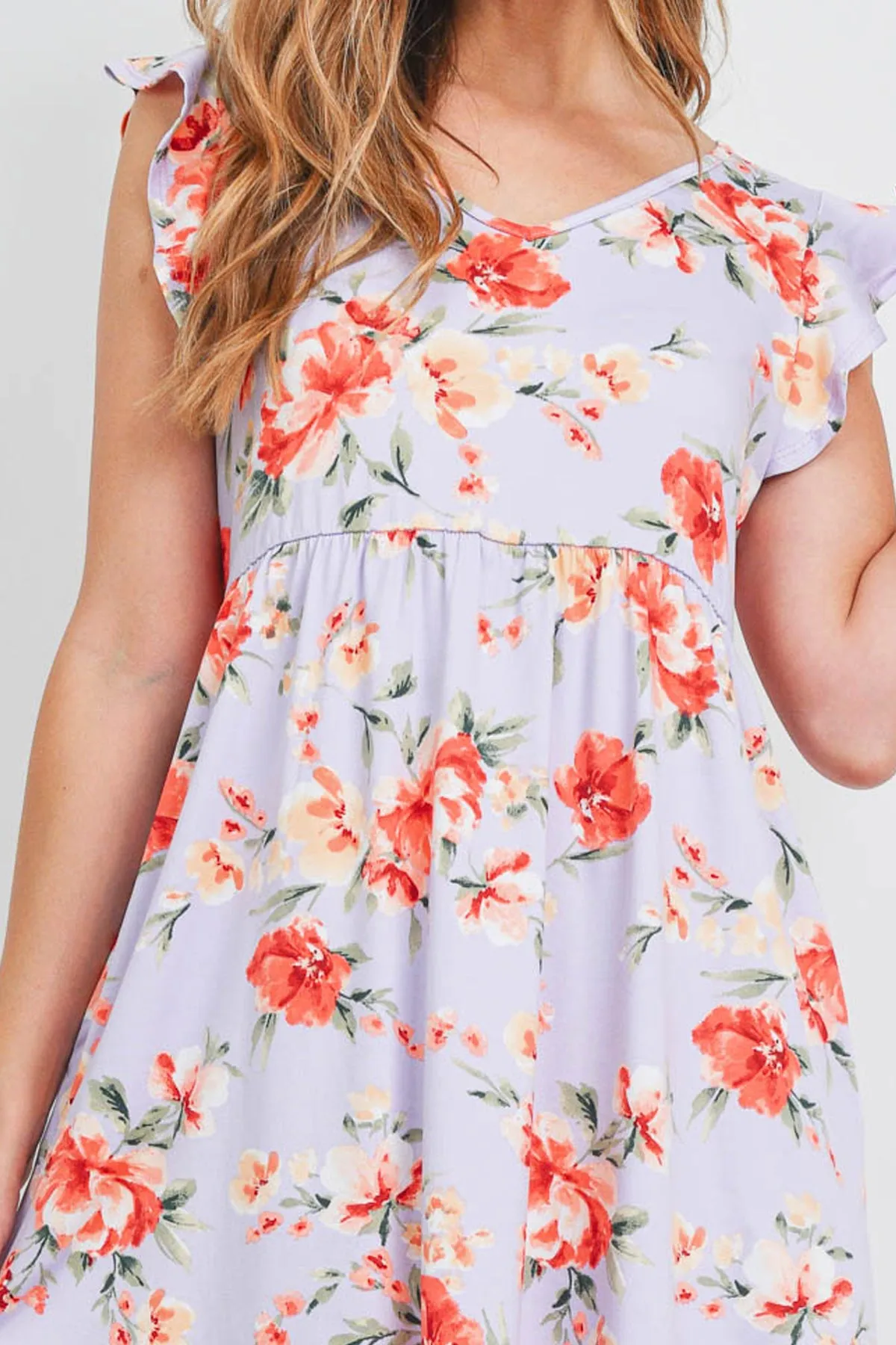 V-Neck Ruffle Cap Sleeve Floral Round Hem Dress