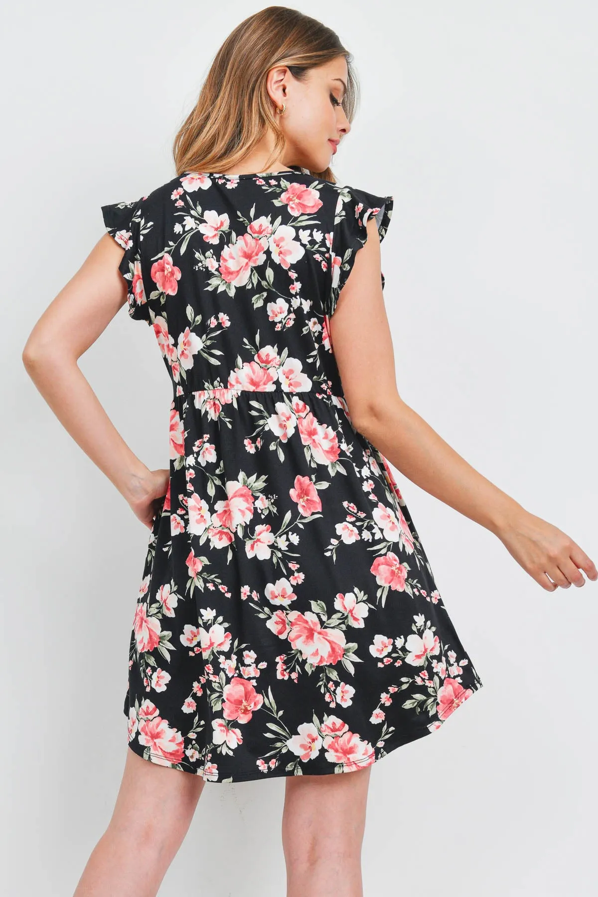 V-Neck Ruffle Cap Sleeve Floral Round Hem Dress