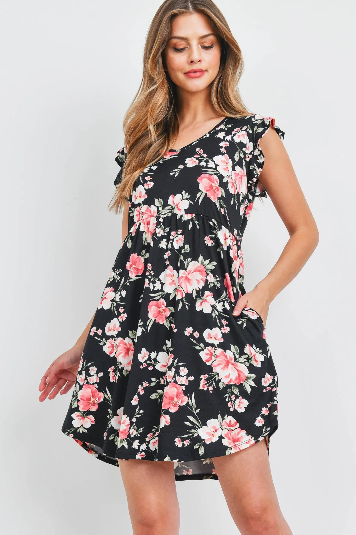 V-Neck Ruffle Cap Sleeve Floral Round Hem Dress
