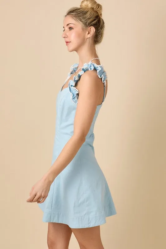 V-Neckline Fit And Flare Mini Dress With Ruffle