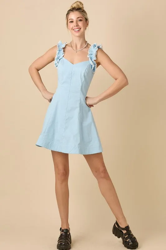 V-Neckline Fit And Flare Mini Dress With Ruffle