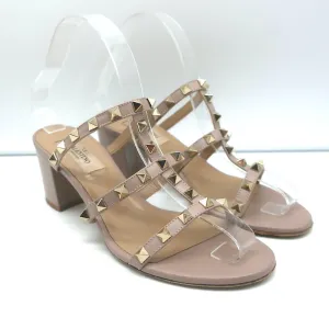 Valentino Rockstud Caged Slide Sandals Poudre Leather Size 37 Open Toe Heels