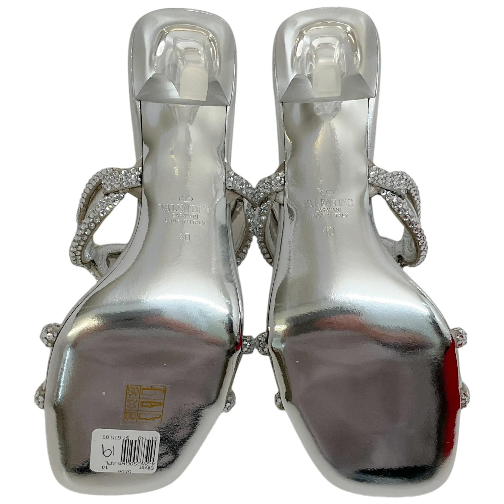 Valentino SIlver Leather Chain 1967 Crystal Embellished Slide Sandals