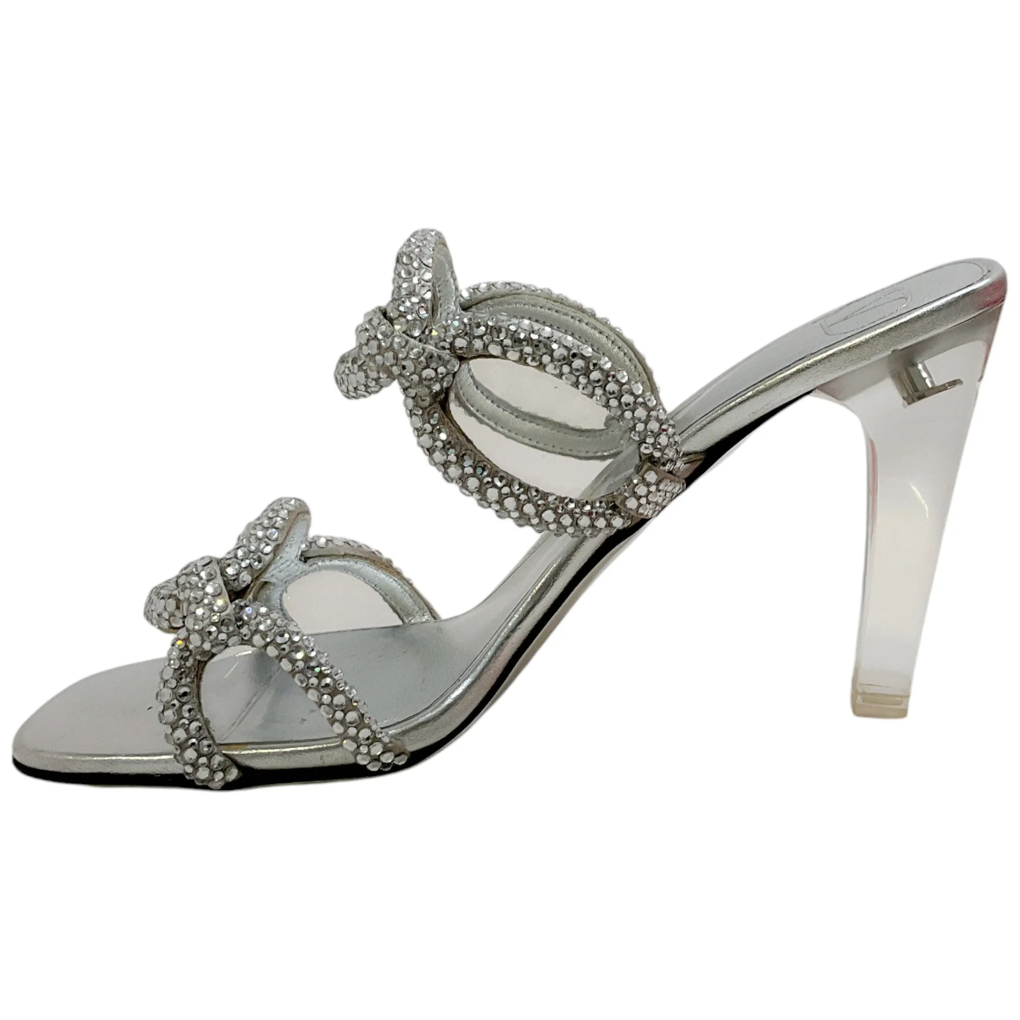 Valentino SIlver Leather Chain 1967 Crystal Embellished Slide Sandals