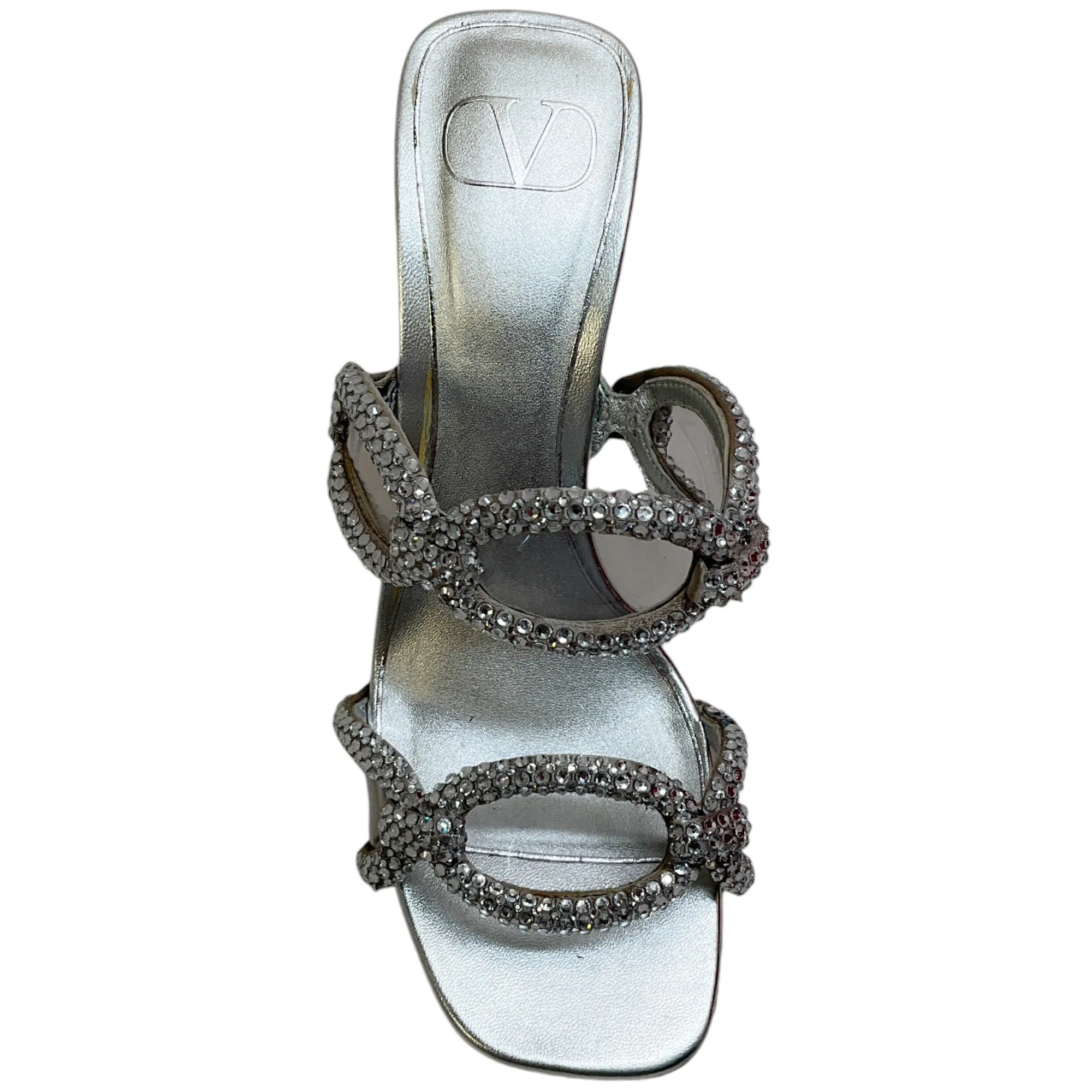 Valentino SIlver Leather Chain 1967 Crystal Embellished Slide Sandals