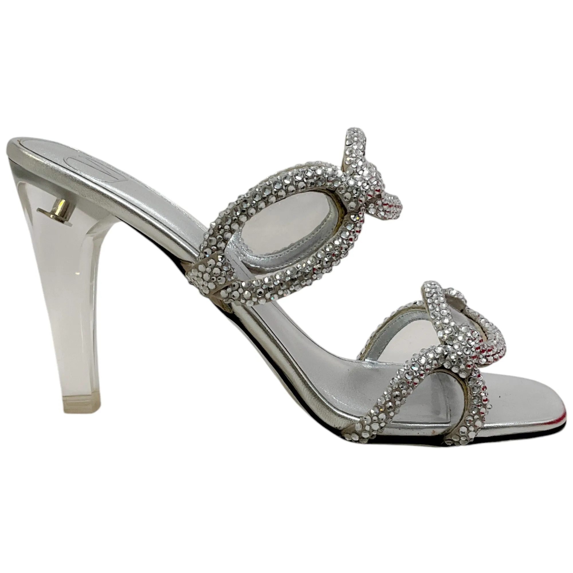 Valentino SIlver Leather Chain 1967 Crystal Embellished Slide Sandals