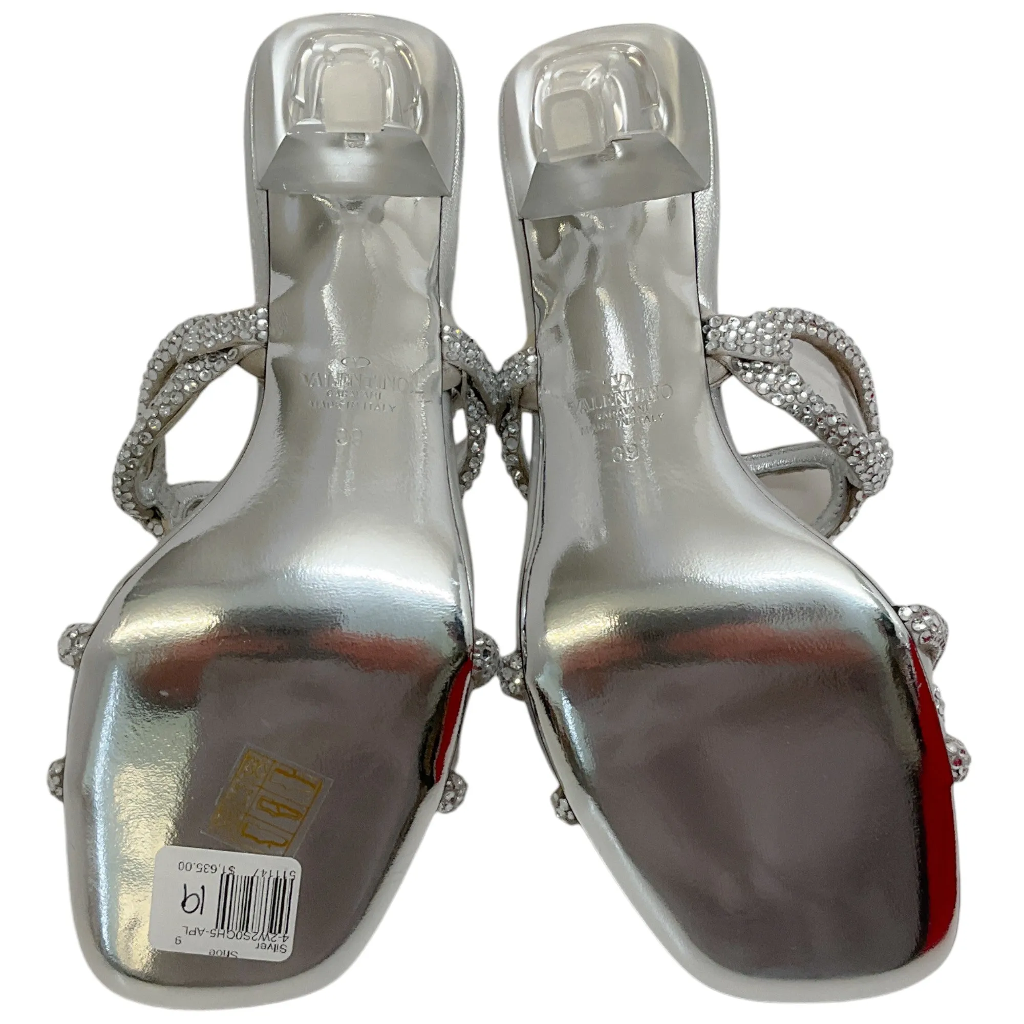 Valentino SIlver Leather Chain 1967 Crystal Embellished Slide Sandals