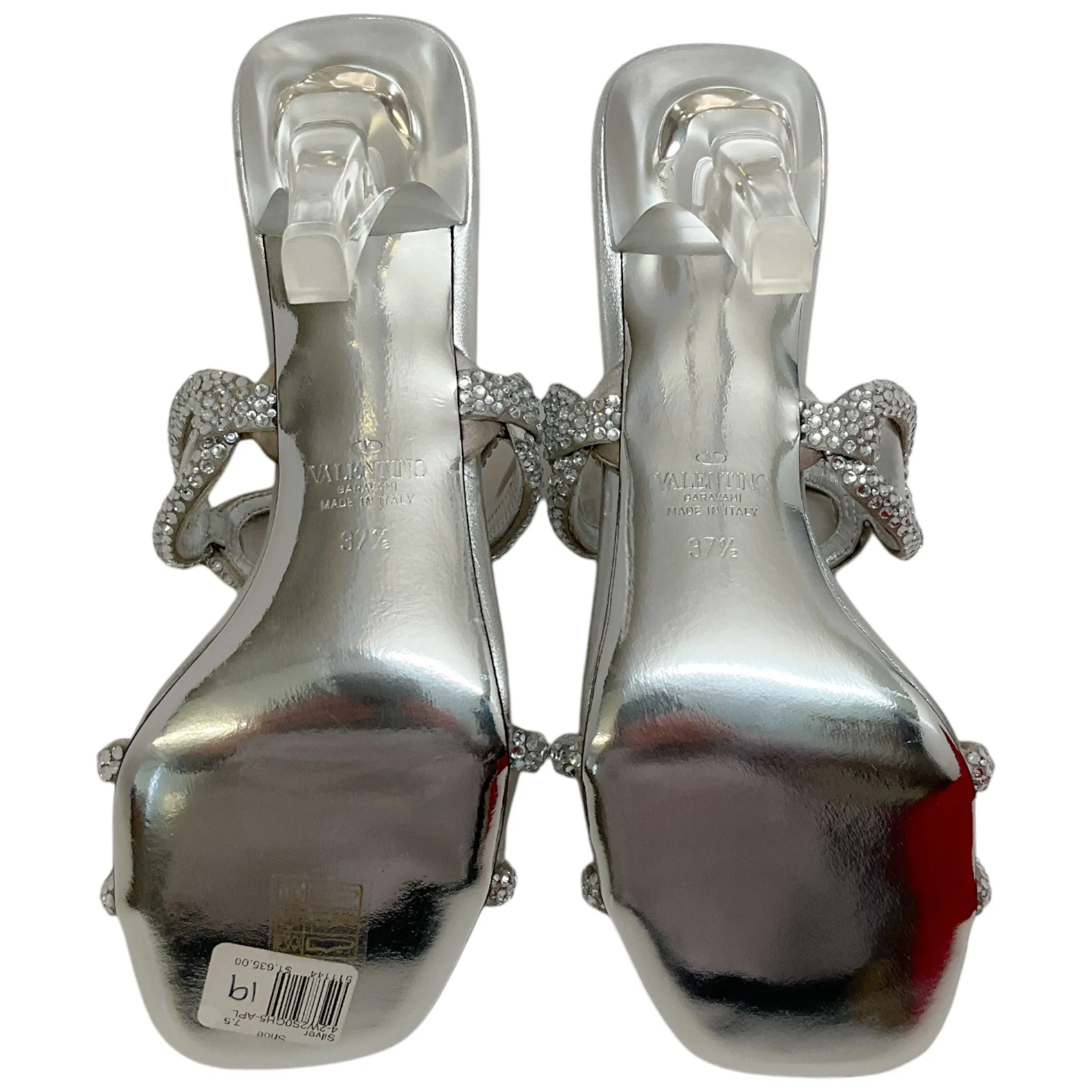 Valentino SIlver Leather Chain 1967 Crystal Embellished Slide Sandals