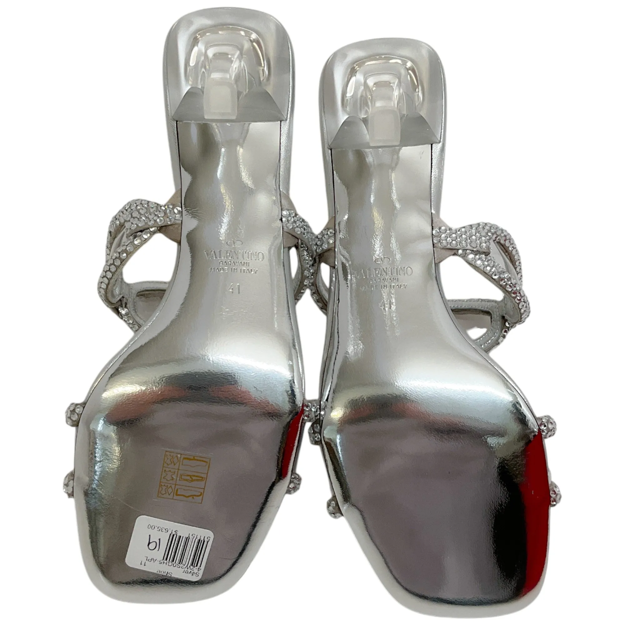 Valentino SIlver Leather Chain 1967 Crystal Embellished Slide Sandals