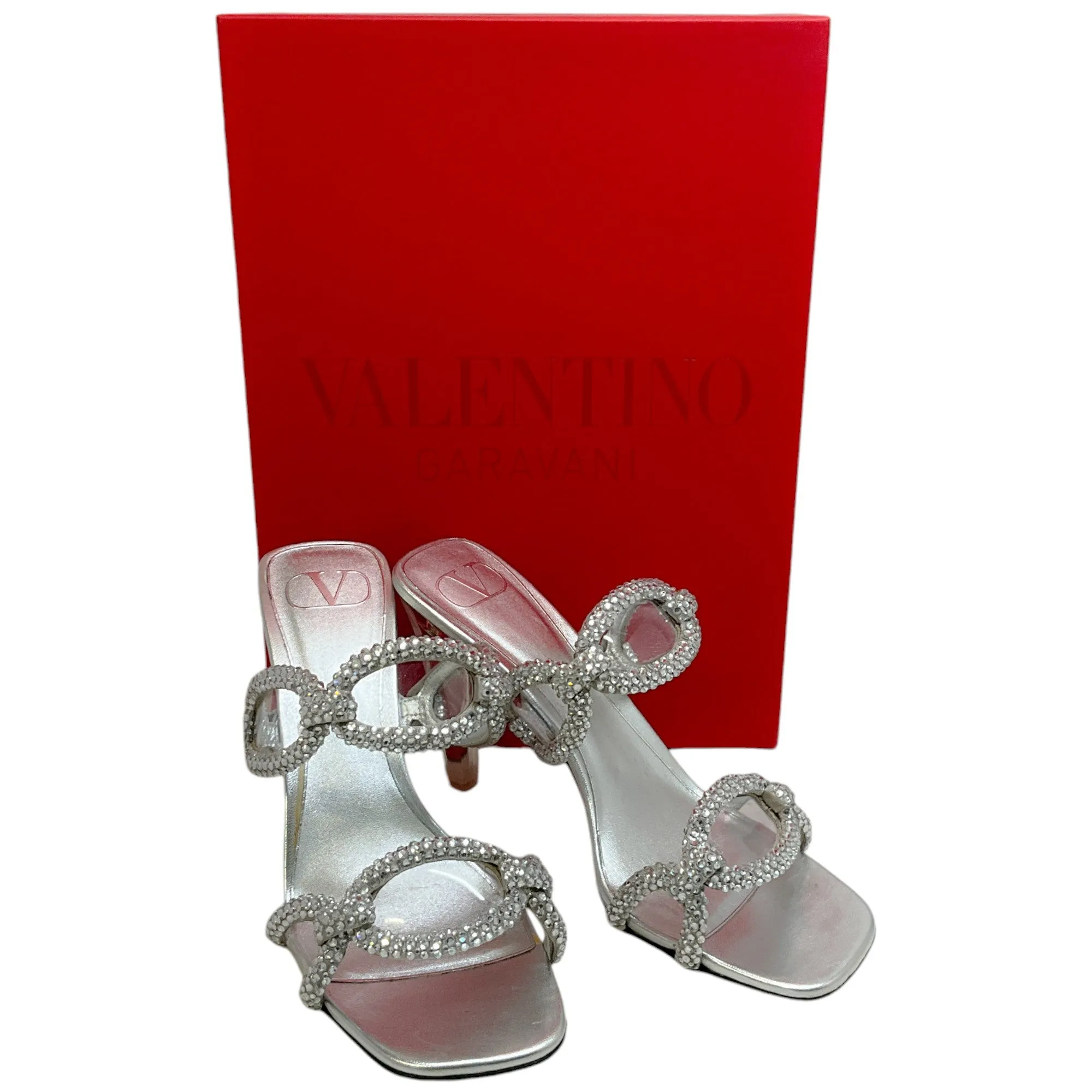 Valentino SIlver Leather Chain 1967 Crystal Embellished Slide Sandals
