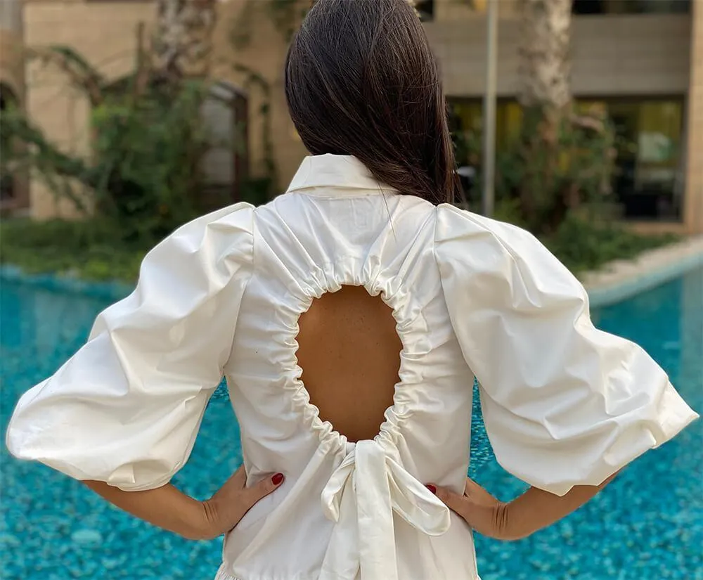 White Puffed Sleeve Short Button Up Dress