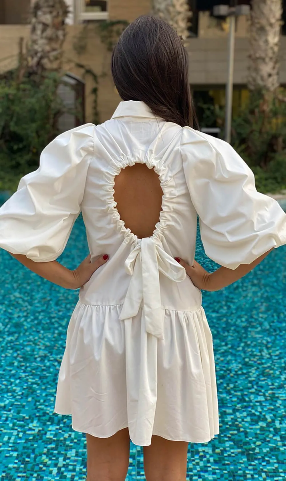 White Puffed Sleeve Short Button Up Dress