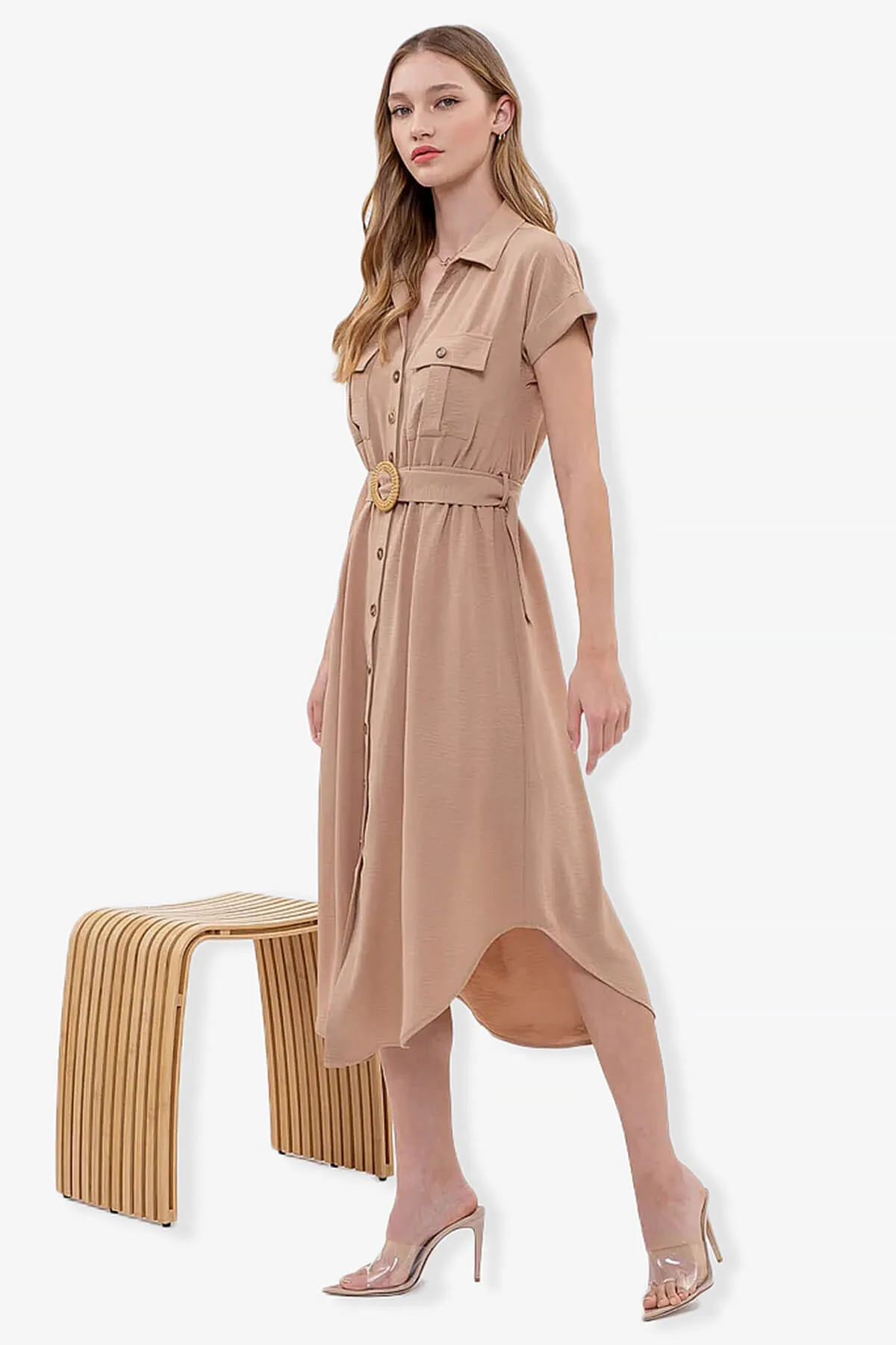 Whitney Short Sleeve Midi Shirt Dress with Belt PLUS