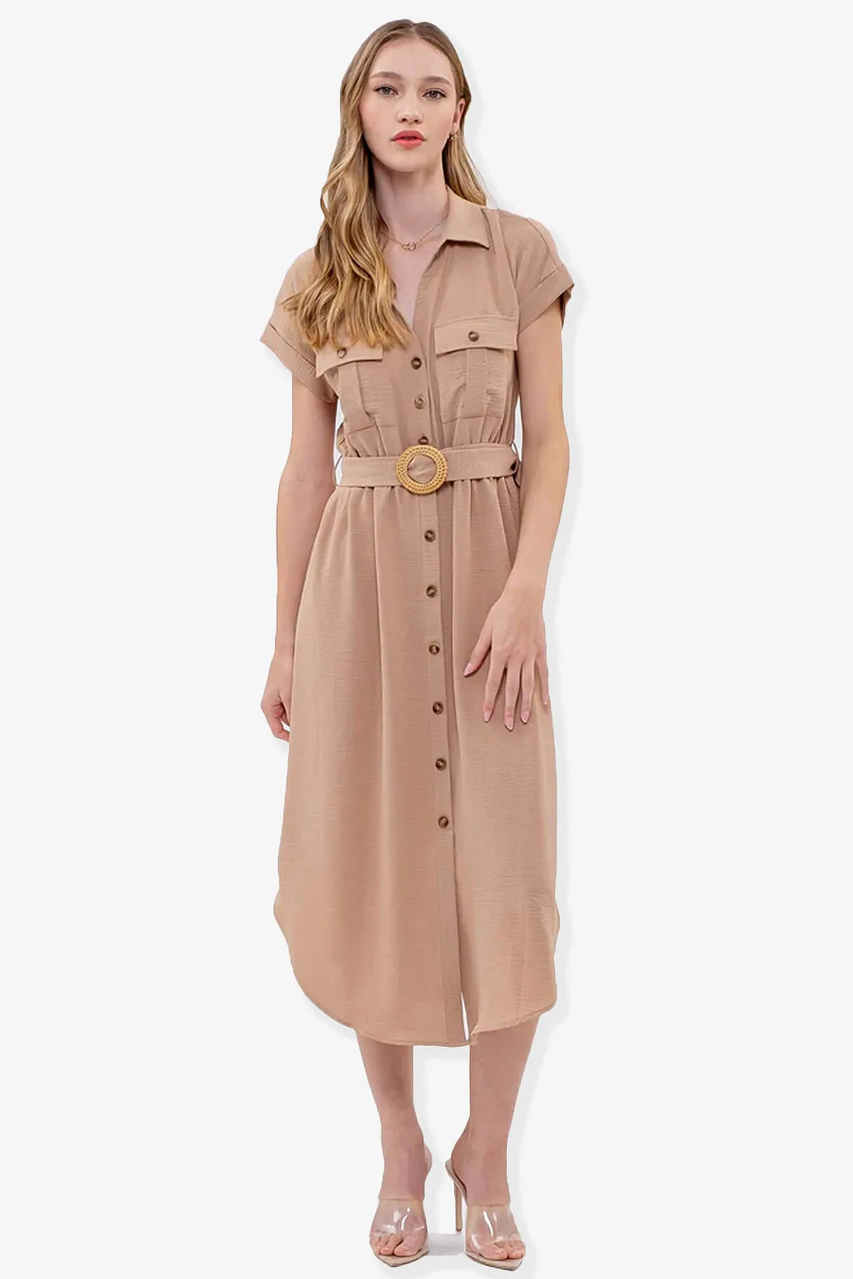 Whitney Short Sleeve Midi Shirt Dress with Belt PLUS