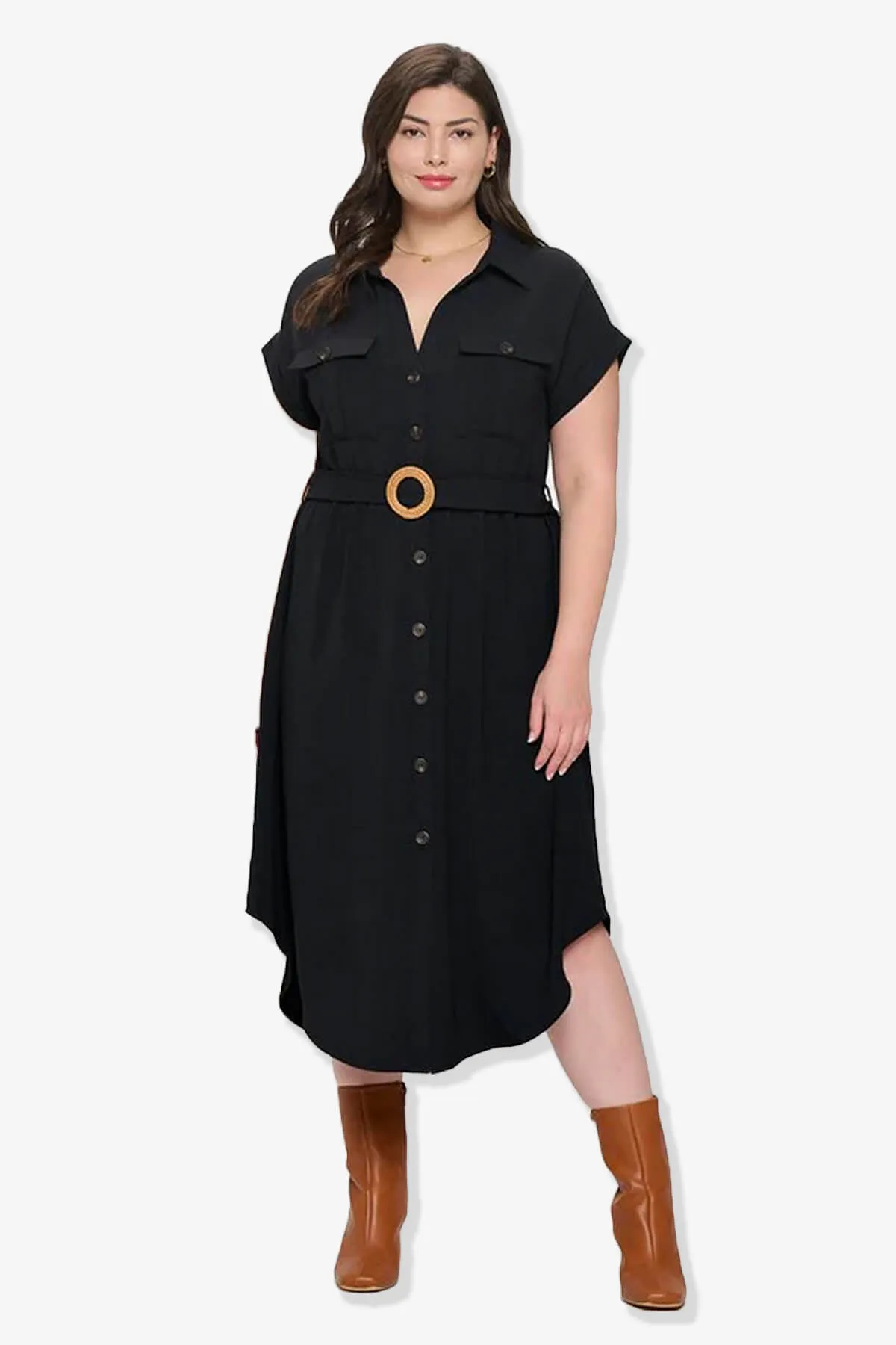 Whitney Short Sleeve Midi Shirt Dress with Belt PLUS