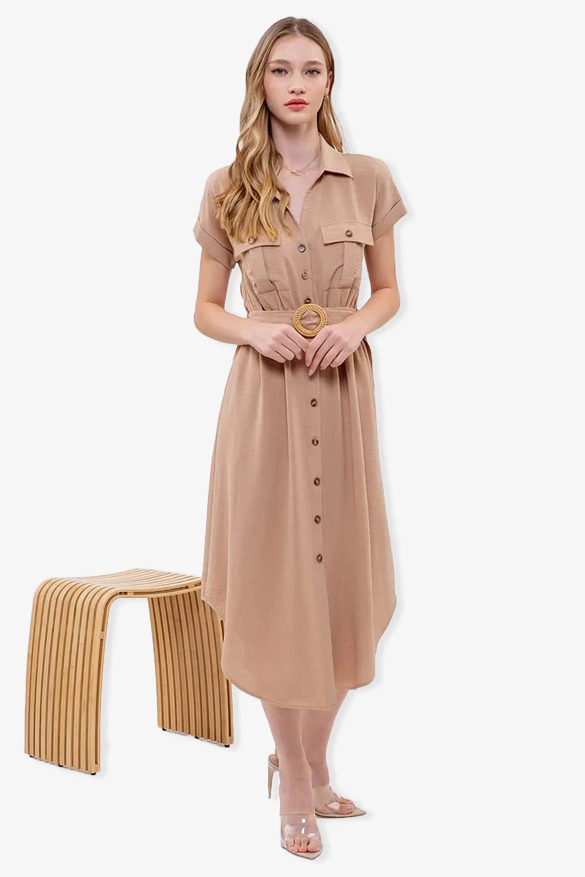 Whitney Short Sleeve Midi Shirt Dress with Belt PLUS