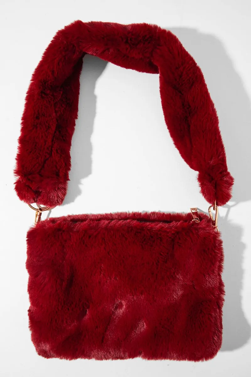 Wine Faux Fur Shoulder Bag - Anam