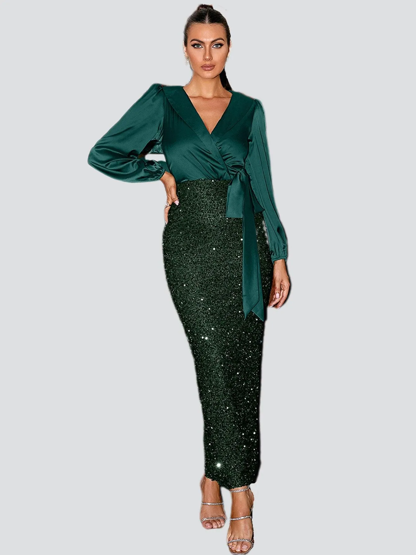Wrap Panel Sequin Formal Dress M02081