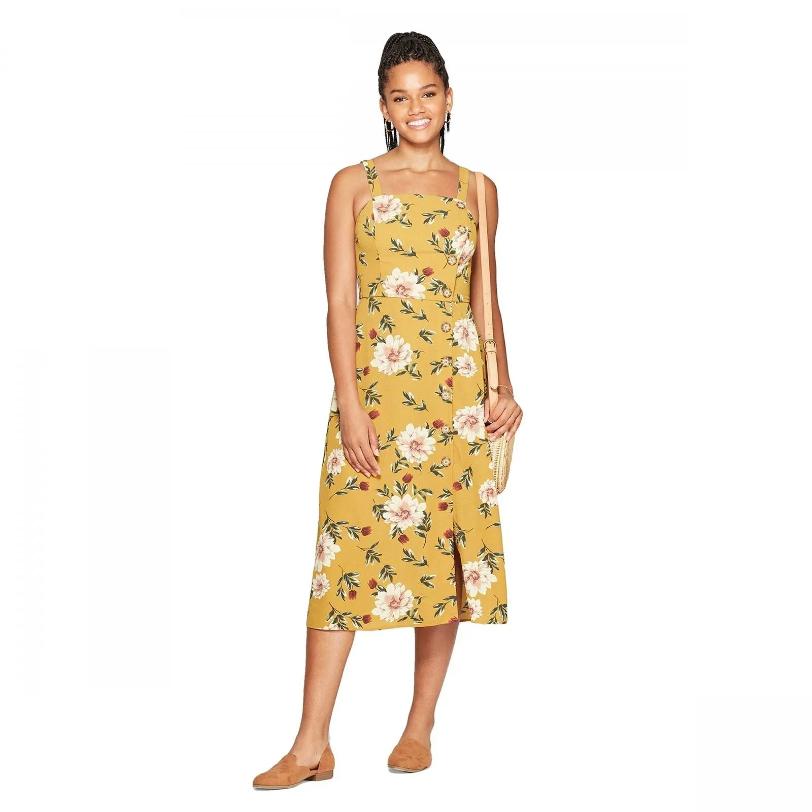 Xhilaration Floral Print Sleeveless Square Neck Side Button Midi Dress