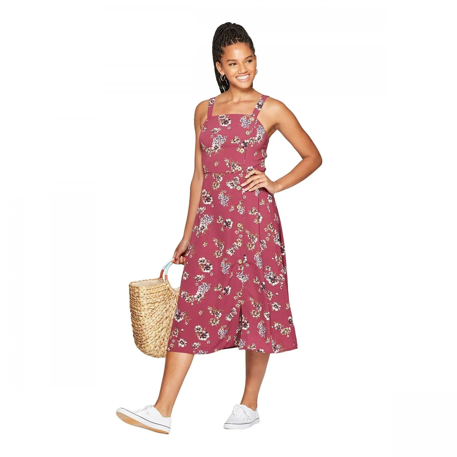 Xhilaration Floral Print Sleeveless Square Neck Side Button Midi Dress