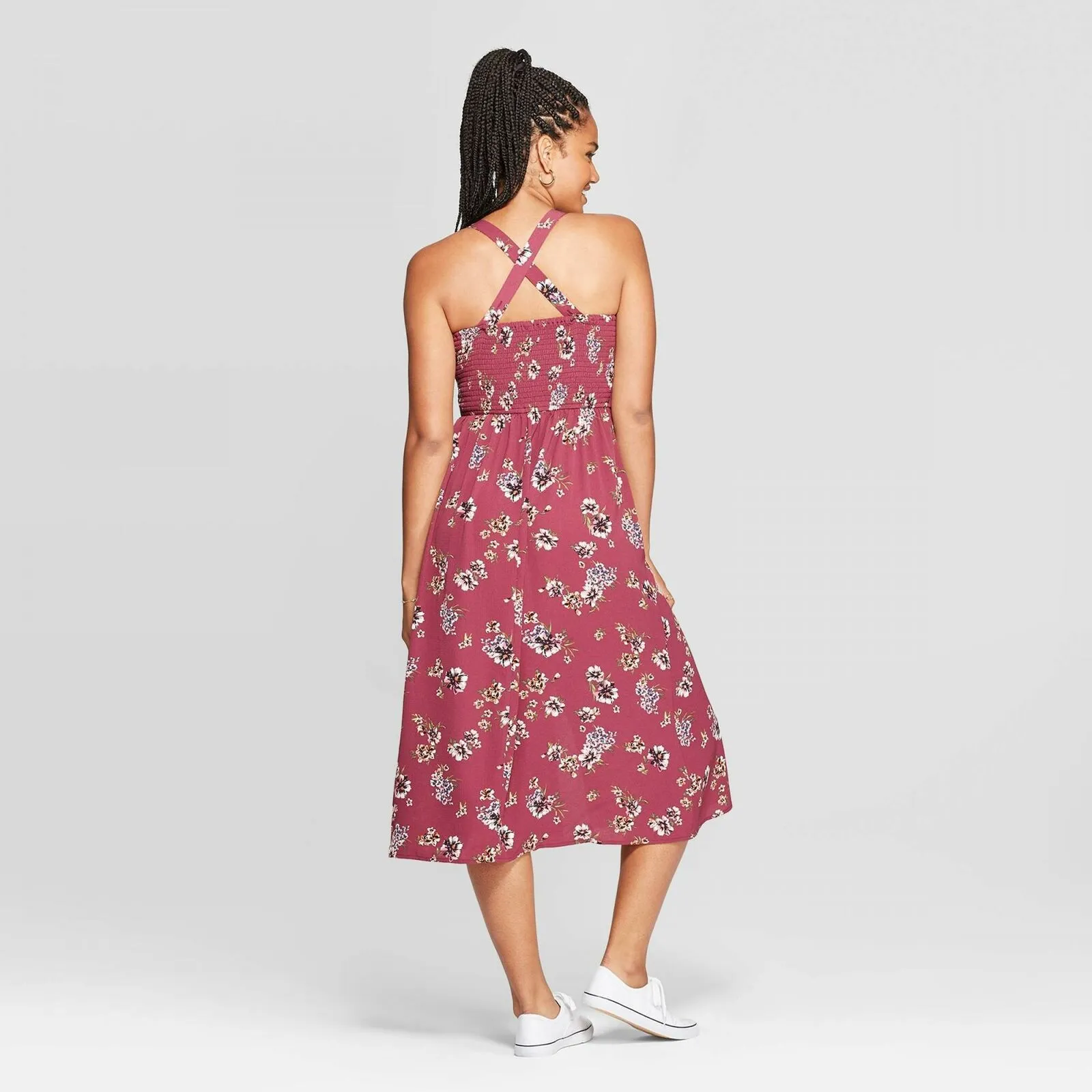 Xhilaration Floral Print Sleeveless Square Neck Side Button Midi Dress