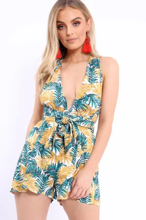 Yellow Leaf Print Halterneck Playsuit - Esmeralda