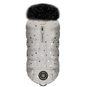 YUMI Dog Puffer Coat in Silver Grey with Metallic Hearts