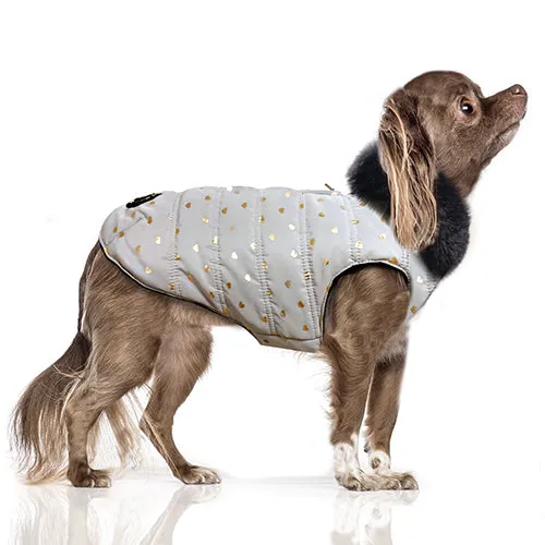 YUMI Dog Puffer Coat in Silver Grey with Metallic Hearts