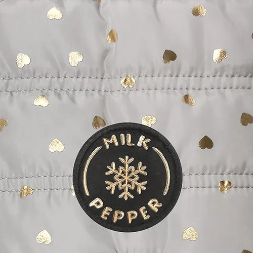YUMI Dog Puffer Coat in Silver Grey with Metallic Hearts