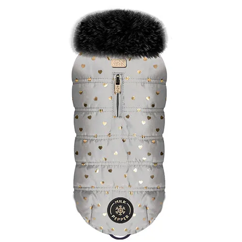 YUMI Dog Puffer Coat in Silver Grey with Metallic Hearts